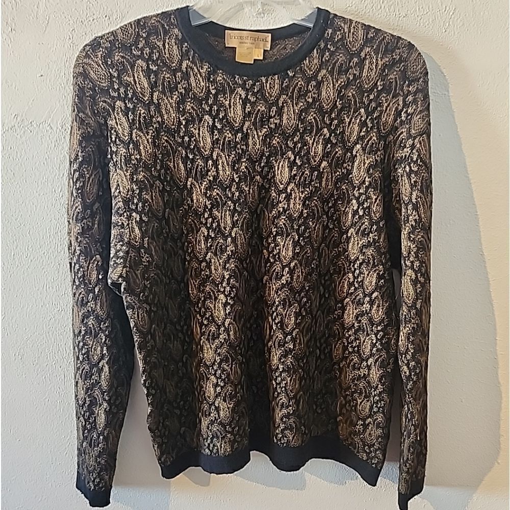 Tricots St Raphael Vintage Sweater Women L Unisex Floral Black Gold Wool Viscose